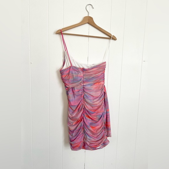 Hello Molly NWT “she’s out” pink one shoulder mini dress mesh purple swirl - Picture 7 of 8